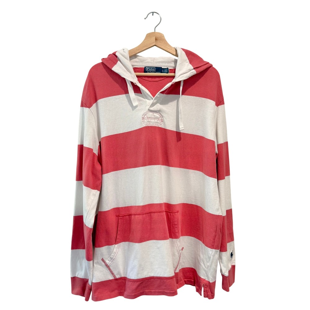 Vintage 90's Polo Ralph Lauren Red White Striped Grunge Rugby Hoodie